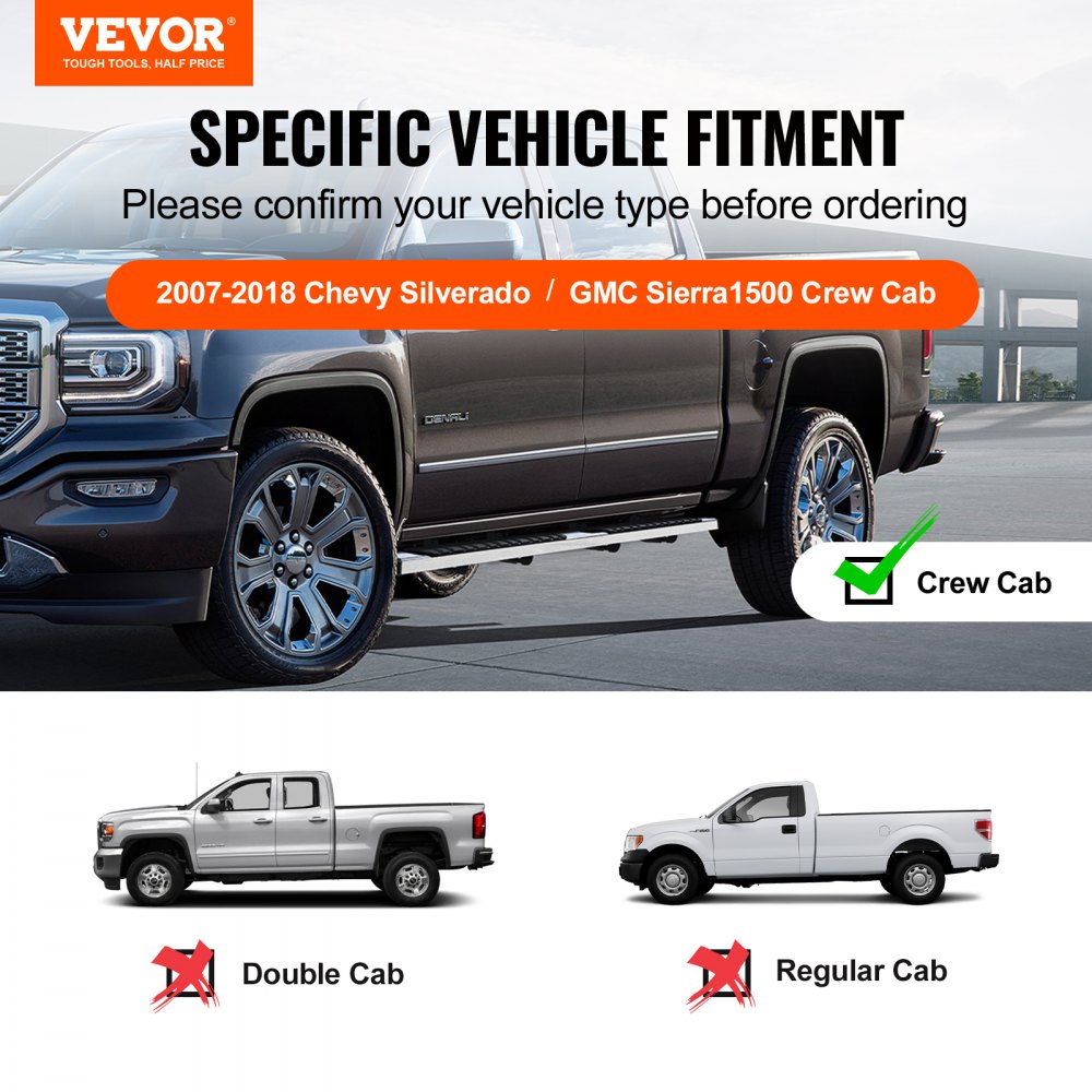 Running Boards, 6" Step Bars Compatible with 2007-2018 Chevy Silverado/GMC Sierra 1500 Crew Cab/2019 2500HD 3500HD 1500 LD, 201 Stainless Steel Side Steps Nerf Bars, 500LBS Capacity, 2 Piece