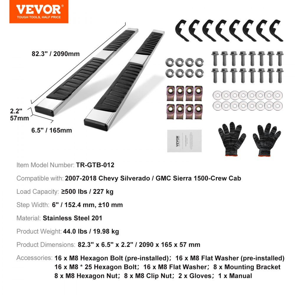 Running Boards, 6" Step Bars Compatible with 2007-2018 Chevy Silverado/GMC Sierra 1500 Crew Cab/2019 2500HD 3500HD 1500 LD, 201 Stainless Steel Side Steps Nerf Bars, 500LBS Capacity, 2 Piece