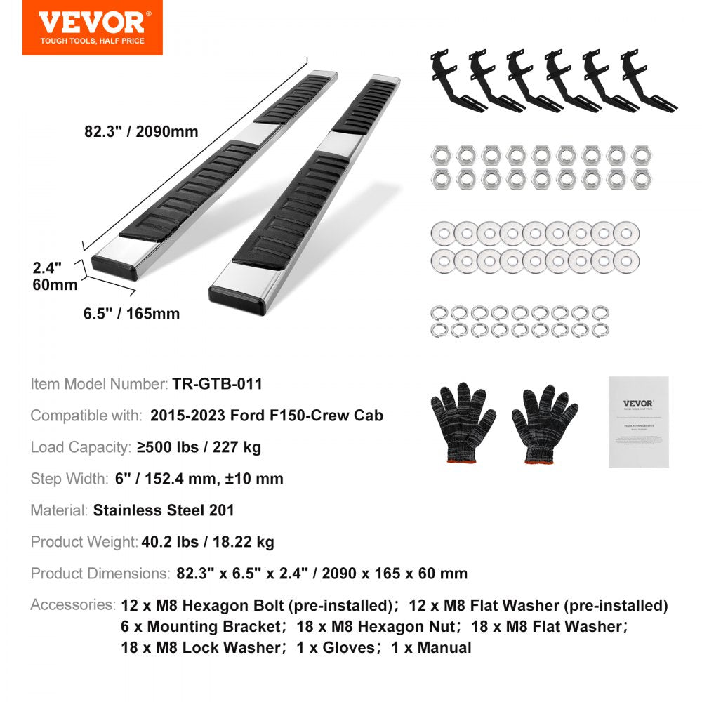 Running Boards 6" Step Bars Fit 2015-2023 Ford F150-Crew Cab 500 LBS 2 PCS