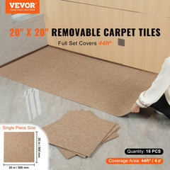 16 dark brown 20x20 inch carpet tiles with padding, covering 44 square feet.