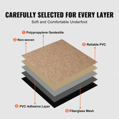 Diagram of Bostome dark brown carpet tile layers: polypropylene geotextile, non-woven, PVC, adhesive, fiberglass mesh.
