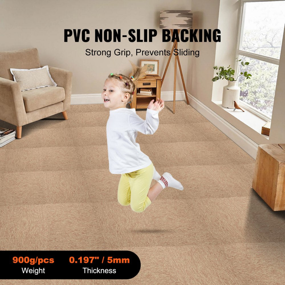A young girl jumps on a light-colored floor covered by dark brown 20x20 inch carpet tiles with PVC non-slip backing.