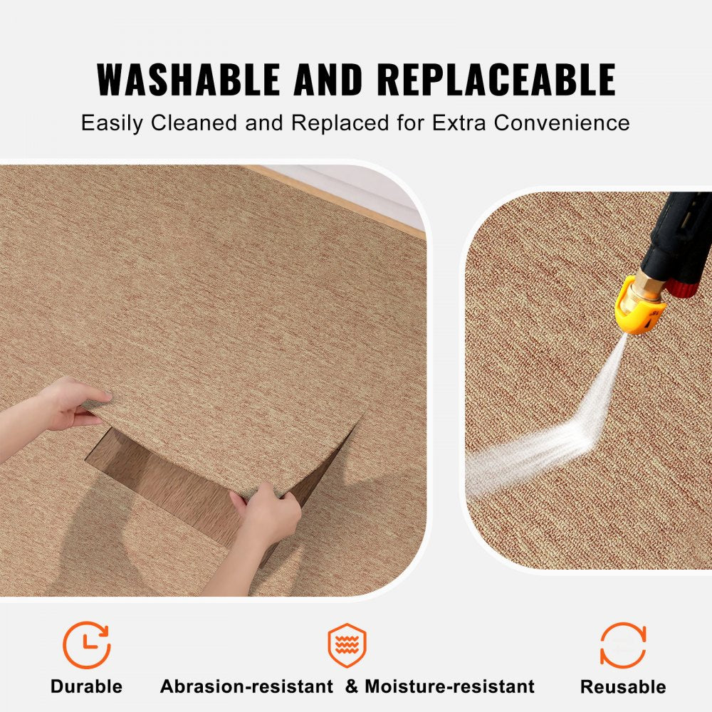 Split image showing dark brown carpet tiles being cleaned with a pressure washer and icons for durability, abrasion resistance, and reusability.