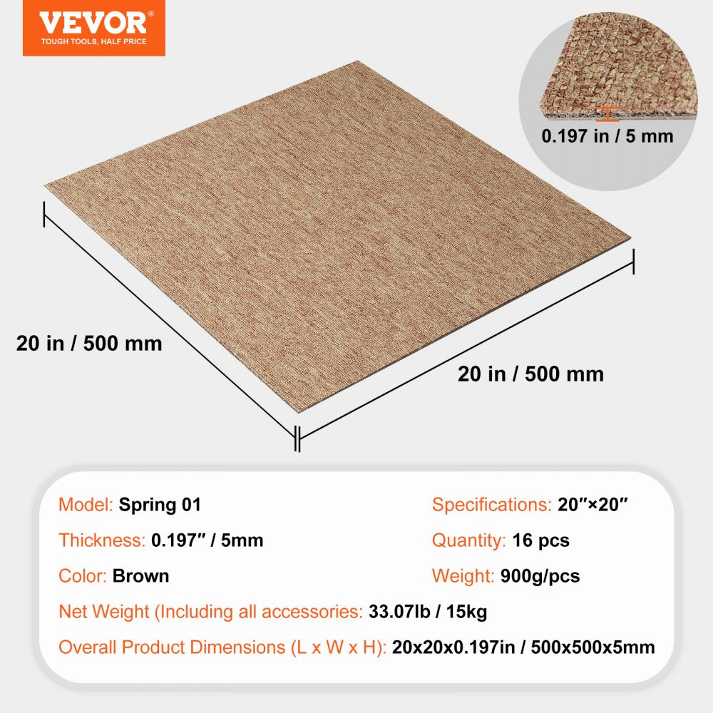 16-pack of 20x20 inch dark brown carpet tiles with padding, shown with dimensions and specs.