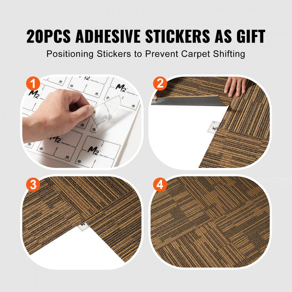 Pack of 12 Bostome Vienna 01 mixed brown carpet tiles, 20x20 inches each, with peel-and-stick adhesive stickers.