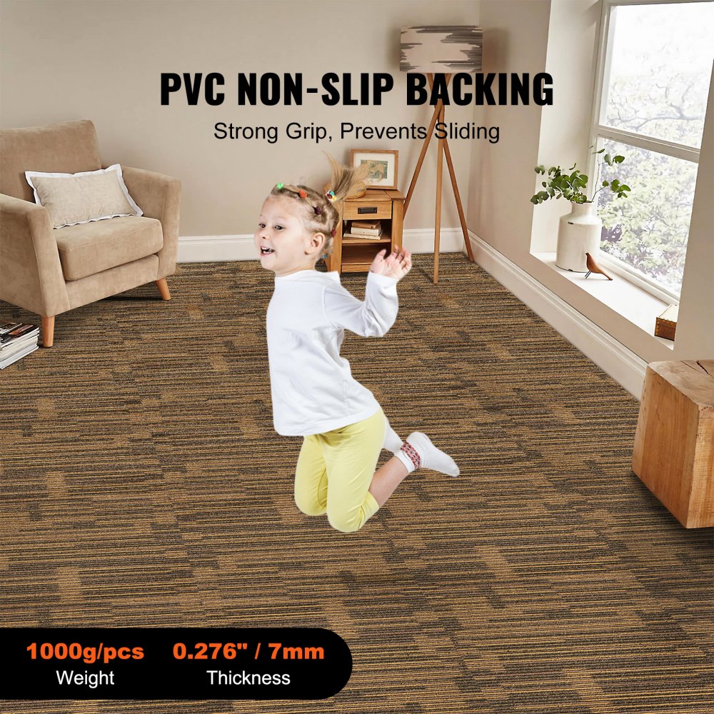 A young girl jumps on mixed brown Bostome Vienna 01 carpet tiles with PVC non-slip backing in a living room.