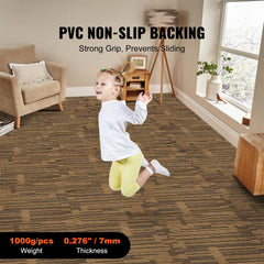 A young girl jumps on mixed brown Bostome Vienna 01 carpet tiles with PVC non-slip backing in a living room.