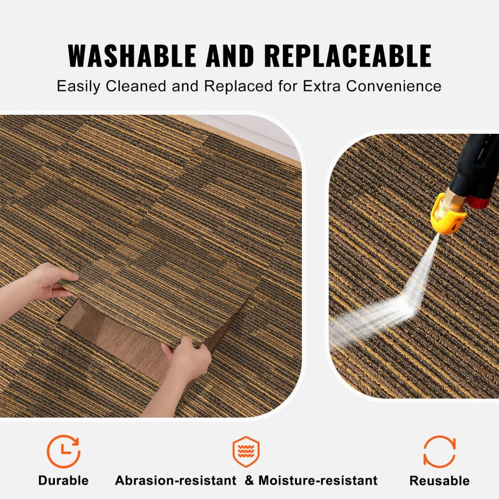 Split image showing Bostome Vienna 01 mixed brown carpet tiles being washed with a pressure washer and their durable, moisture-resistant features.