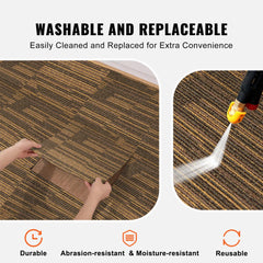 Split image showing Bostome Vienna 01 mixed brown carpet tiles being washed with a pressure washer and their durable, moisture-resistant features.