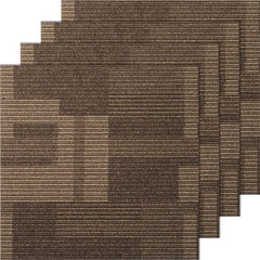Stack of mixed brown 24x24 inch reusable carpet tiles with padding.