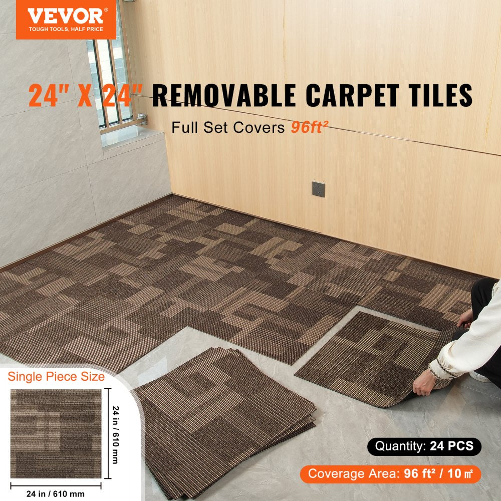 Brown mixed pattern carpet tiles laid out on a floor with one tile being lifted by a hand.