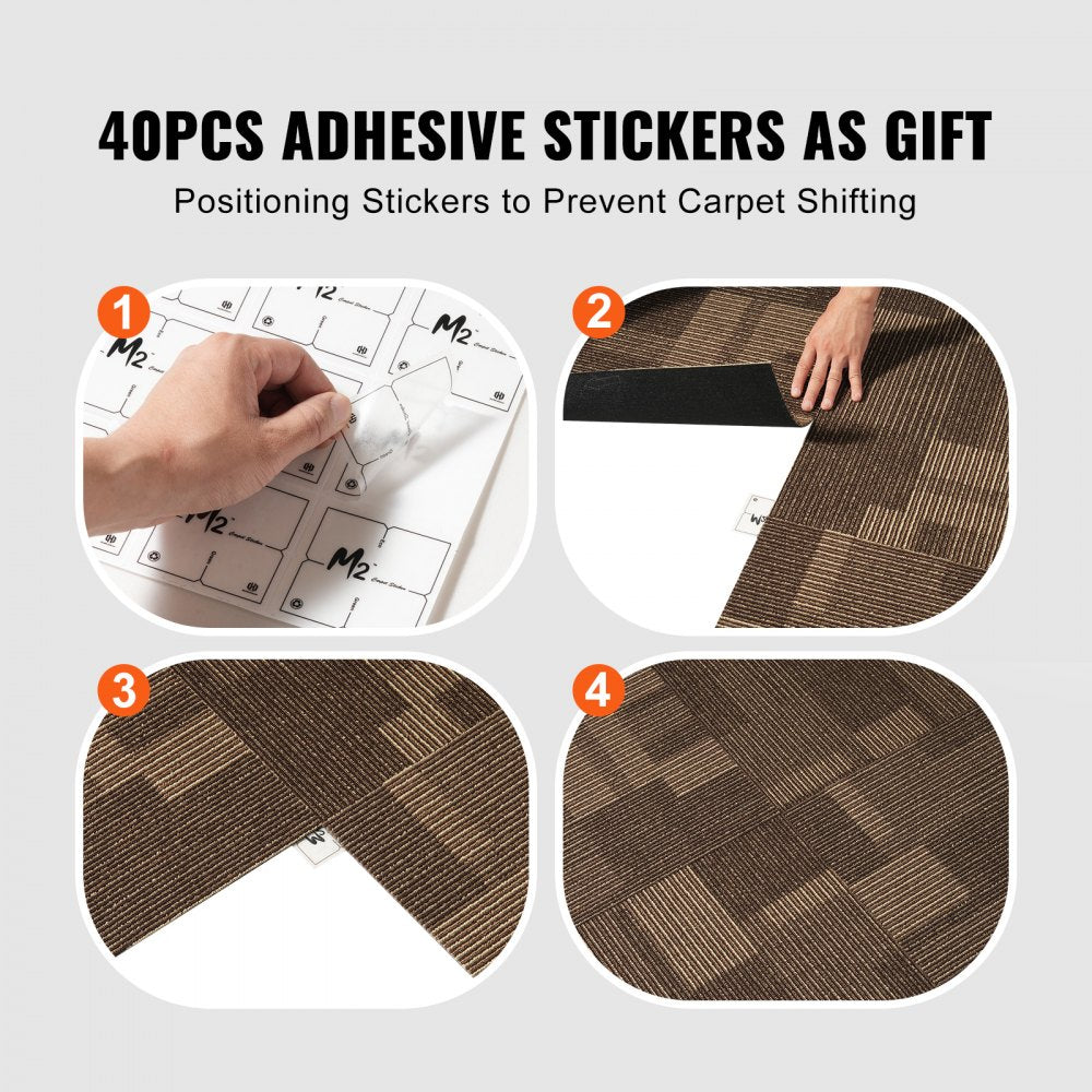 Hand placing adhesive stickers on mixed brown 24x24 inch carpet tiles with padding.
