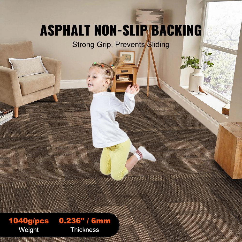A child jumps on brown 24x24 inch reusable carpet tiles with asphalt non-slip backing and padding.