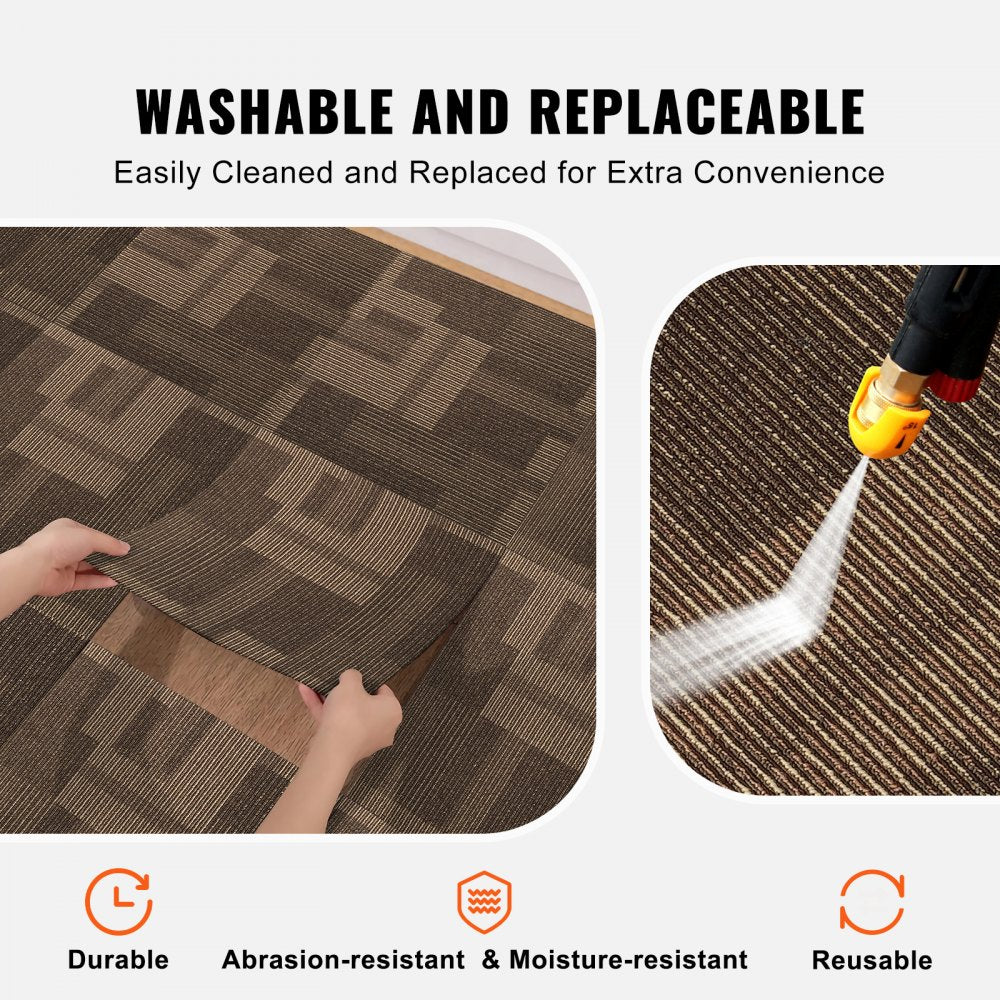 Hands lifting a brown 24x24 inch carpet tile for cleaning with a spray bottle, showing washable and replaceable features.
