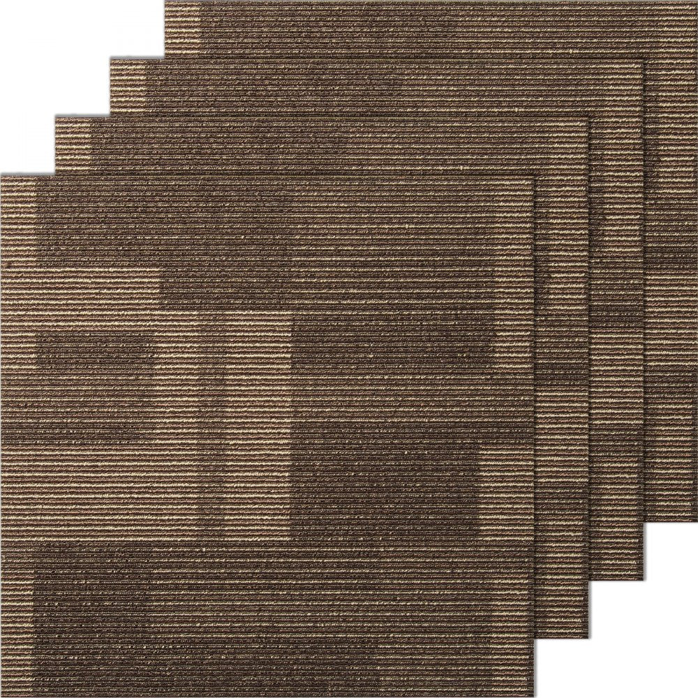 Stack of mixed brown reusable carpet tiles, 24x24 inches with padding.