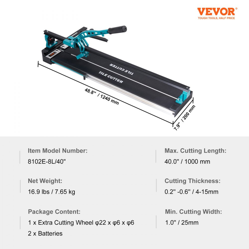 Bostome 40" manual tile cutter with infrared positioning and tungsten carbide cutting wheel.