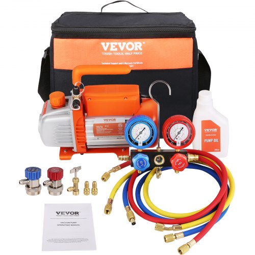 1/4 HP 4.5 CFM AC Vacuum Pump and Gauge Set, Single Stage Rotary Vane HVAC Air Vacuum Pump A/C Refrigerant Kit Manifold Gauge Set, with Three-Color Hose Carry Bag, Applicable to R134a, R410a
