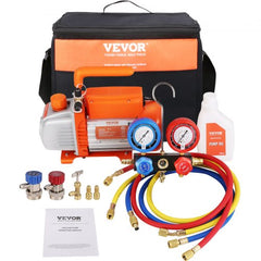 1/4 HP 4.5 CFM AC Vacuum Pump and Gauge Set, Single Stage Rotary Vane HVAC Air Vacuum Pump A/C Refrigerant Kit Manifold Gauge Set, with Three-Color Hose Carry Bag, Applicable to R134a, R410a