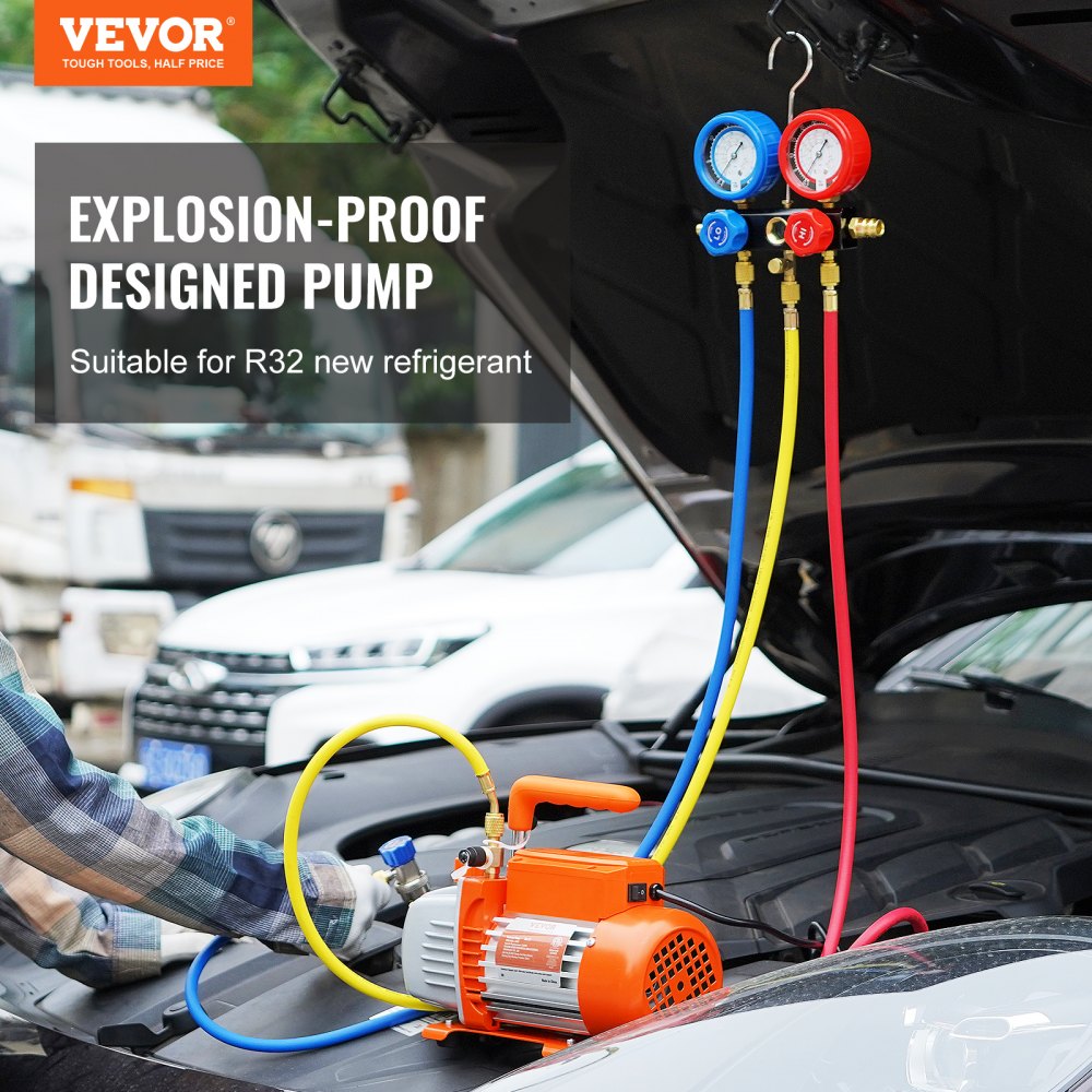 1/4 HP 4.5 CFM AC Vacuum Pump and Gauge Set, Single Stage Rotary Vane HVAC Air Vacuum Pump A/C Refrigerant Kit Manifold Gauge Set, with Three-Color Hose Carry Bag, Applicable to R134a, R410a