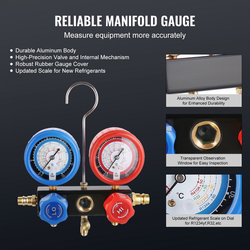 1/4 HP 4.5 CFM AC Vacuum Pump and Gauge Set, Single Stage Rotary Vane HVAC Air Vacuum Pump A/C Refrigerant Kit Manifold Gauge Set, with Three-Color Hose Carry Bag, Applicable to R134a, R410a