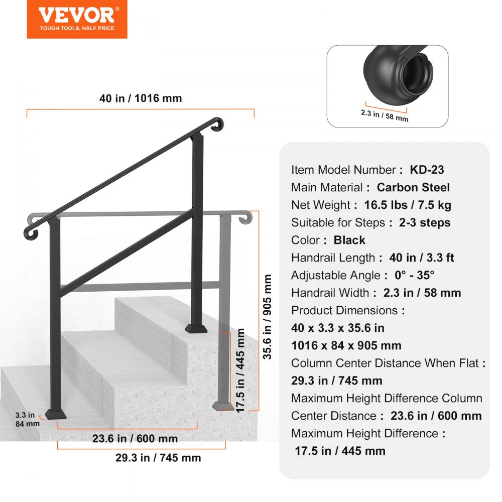 2-3 Step Handrails for Outdoor Steps for Seniors Porch Deck Post