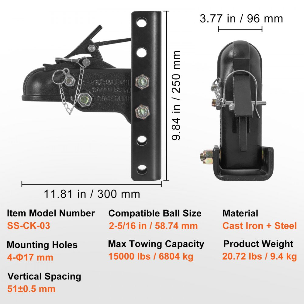 Adjustable Trailer Coupler and 5-Position Channel Bracket Kit, 2-5/16" Hitch Ball, 15000 lbs Capacity, Heavy Duty Cast Channel-Mount Coupler, for Towing Camper, Pickup Truck, SUV, Black Coating