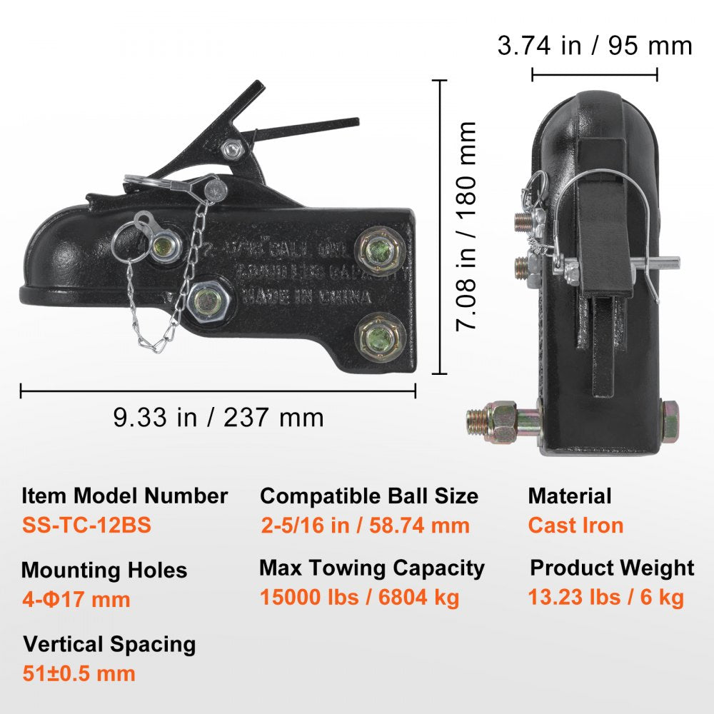 Adjustable Trailer Coupler, 2-5/16" Hitch Ball, 15000 lbs Capacity, Heavy Duty Cast Channel-Mount Coupler with Hardware Kit, Ideal for Towing Station Wagons, Pickup Trucks, SUVs, Black Coating