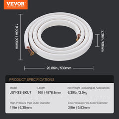 16FT Mini Split Line Set, 1/4" & 3/8" O.D Copper Pipes Tubing and Triple-Layer Insulation, for Air Conditioning or Heating Pump Equipment & HVAC with Rich Accessories (18ft Connection Cable)