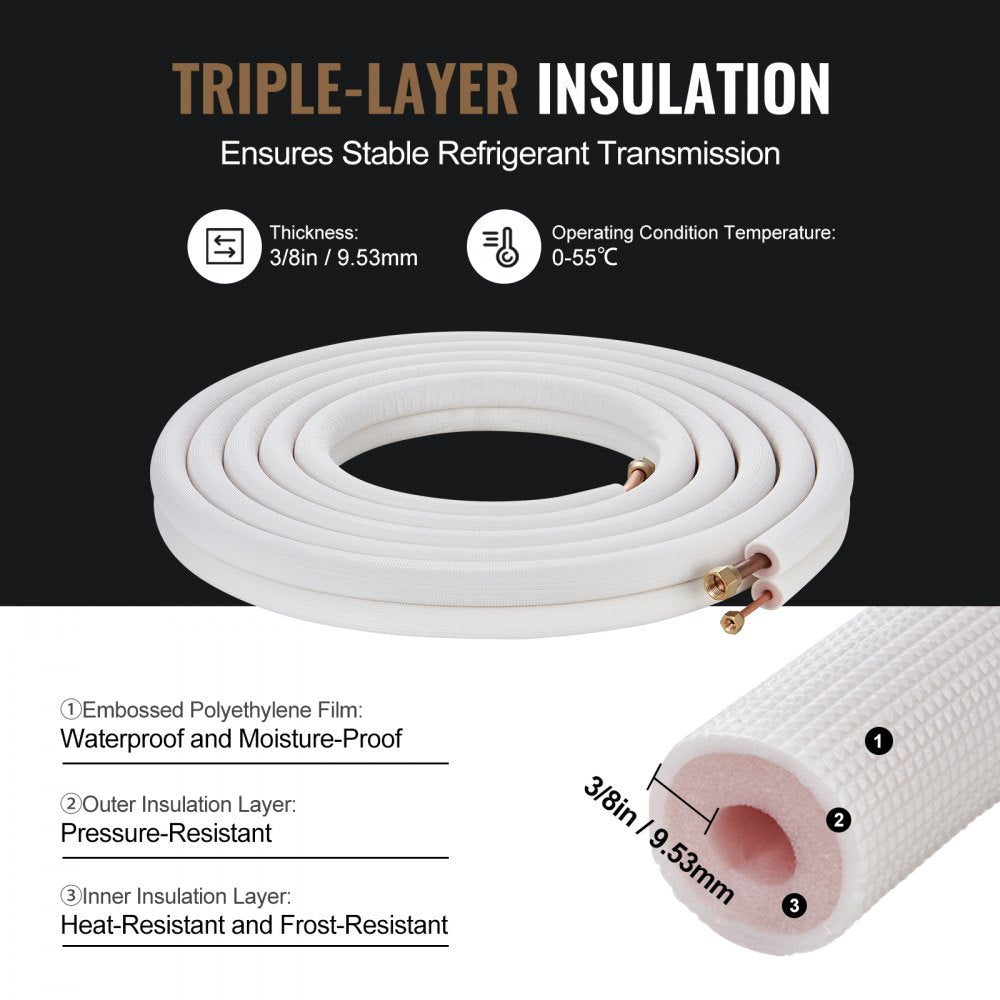 25FT Mini Split Line Set, 1/4" & 1/2" O.D Copper Pipes Tubing and Triple-Layer Insulation, for Air Conditioning or Heating Pump Equipment & HVAC with Rich Accessories (27ft Connection Cable)