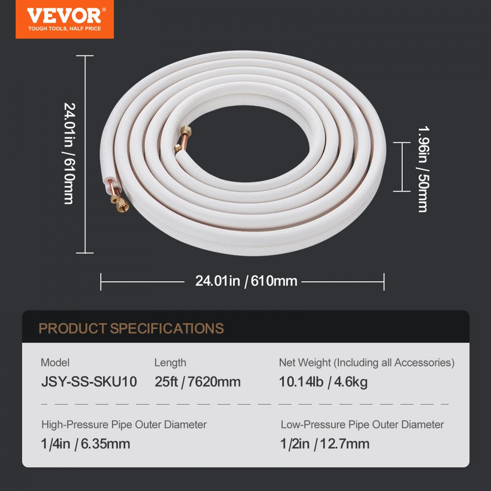 25FT Mini Split Line Set, 1/4" & 1/2" O.D Copper Pipes Tubing and Triple-Layer Insulation, for Air Conditioning or Heating Pump Equipment & HVAC with Rich Accessories (27ft Connection Cable)