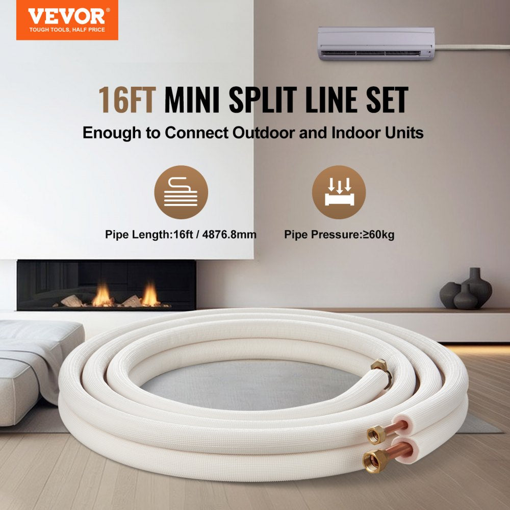 16FT Mini Split Line Set, 3/8" & 5/8" O.D Copper Pipes Tubing and Triple-Layer Insulation, for Air Conditioning or Heating Pump Equipment & HVAC with Rich Accessories (18ft Connection Cable)