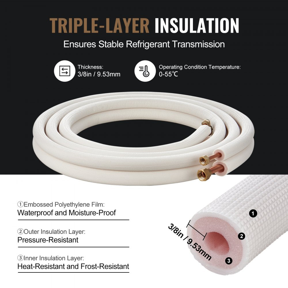 16FT Mini Split Line Set, 3/8" & 5/8" O.D Copper Pipes Tubing and Triple-Layer Insulation, for Air Conditioning or Heating Pump Equipment & HVAC with Rich Accessories (18ft Connection Cable)