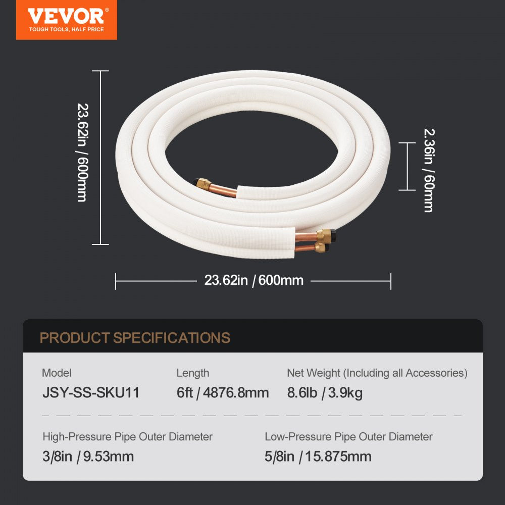 16FT Mini Split Line Set, 3/8" & 5/8" O.D Copper Pipes Tubing and Triple-Layer Insulation, for Air Conditioning or Heating Pump Equipment & HVAC with Rich Accessories (18ft Connection Cable)
