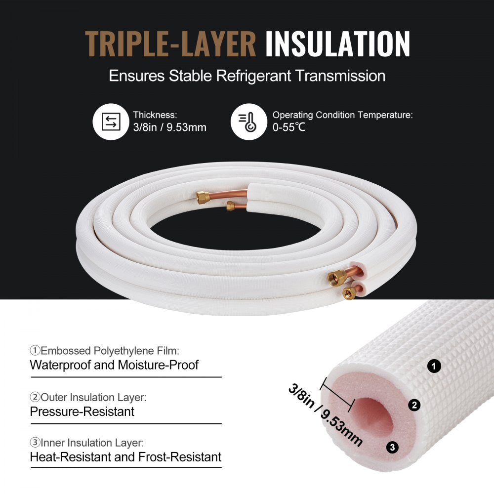 25FT Mini Split Line Set, 1/4" & 1/2" O.D Copper Pipes Tubing and Triple-Layer Insulation, for Mini Split Air Conditioning Refrigerant or Heating Pump Equipment & HVAC with Wrapping Strips.