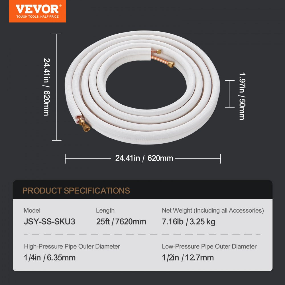 25FT Mini Split Line Set, 1/4" & 1/2" O.D Copper Pipes Tubing and Triple-Layer Insulation, for Mini Split Air Conditioning Refrigerant or Heating Pump Equipment & HVAC with Wrapping Strips.