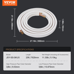 25FT Mini Split Line Set, 3/8" & 5/8" O.D Copper Pipes Tubing and Triple-Layer Insulation, for Mini Split Air Conditioning Refrigerant or Heating Pump Equipment & HVAC with Wrapping Strips.