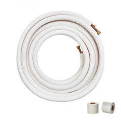 50ft mini split line set with 3/8" and 5/8" insulated copper pipes coiled, plus two tape rolls.