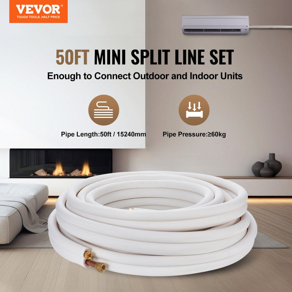 50ft mini split line set with 3/8" and 5/8" copper pipes and triple insulation, coiled white.