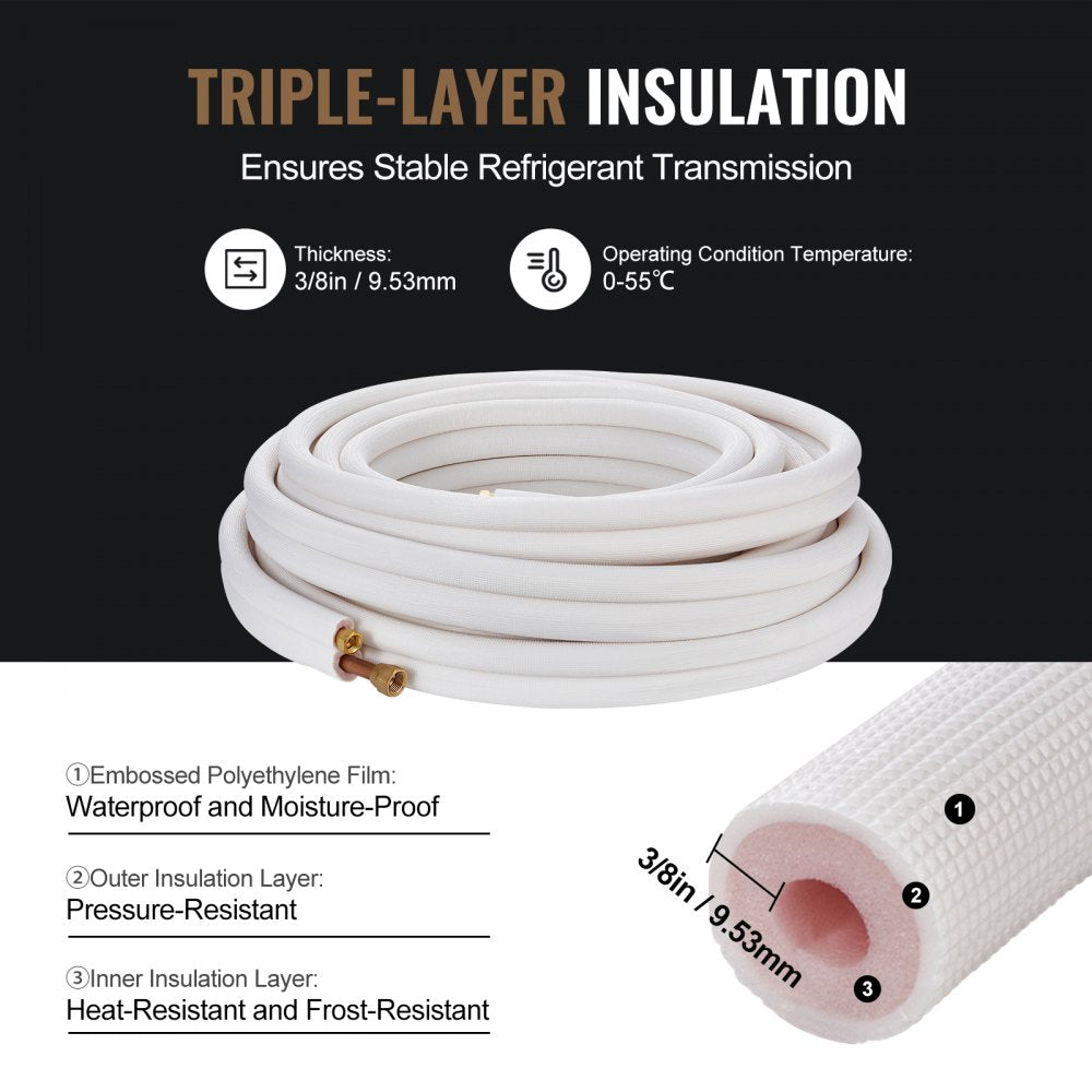 50FT mini split line set with 3/8" and 5/8" copper pipes and triple-layer insulation.