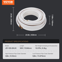 50FT mini split line set with 3/8" and 5/8" copper pipes, triple insulation, and dimensions shown.