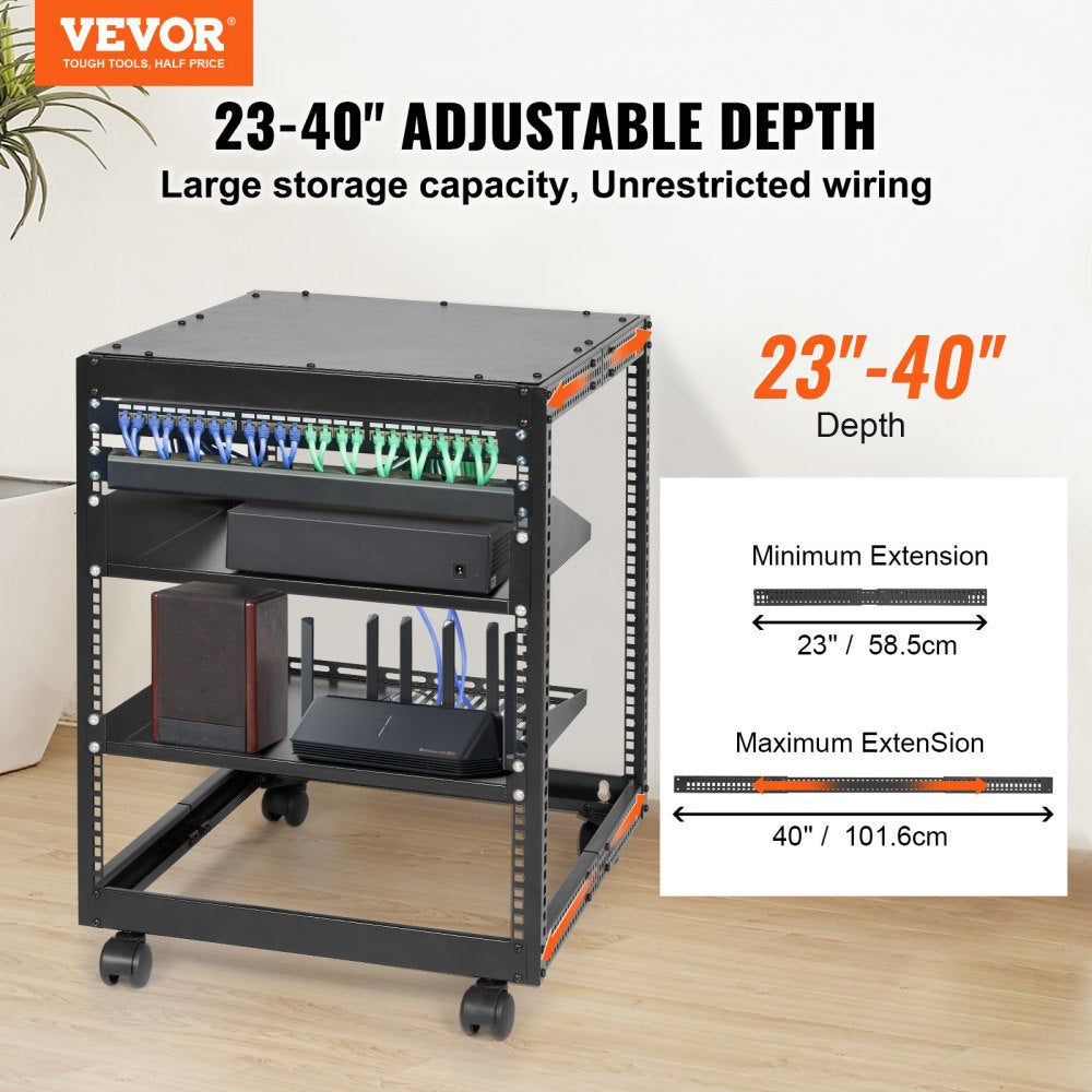 12U Open Frame Server Rack, 15``-40`` Adjustable Depth, Free Standing or Wall Mount Network Server Rack, 4 Post AV Rack with Casters, Holds All Your Networking IT Equipment AV Gear Router Modem