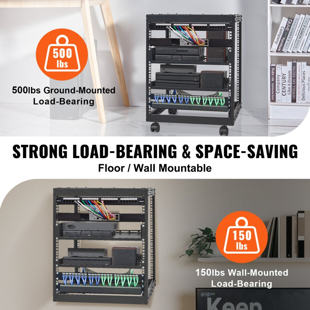 12U Open Frame Server Rack, 15``-40`` Adjustable Depth, Free Standing or Wall Mount Network Server Rack, 4 Post AV Rack with Casters, Holds All Your Networking IT Equipment AV Gear Router Modem
