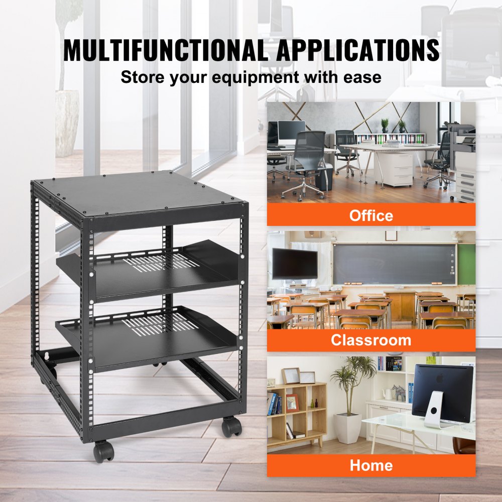 12U Open Frame Server Rack, 15``-40`` Adjustable Depth, Free Standing or Wall Mount Network Server Rack, 4 Post AV Rack with Casters, Holds All Your Networking IT Equipment AV Gear Router Modem