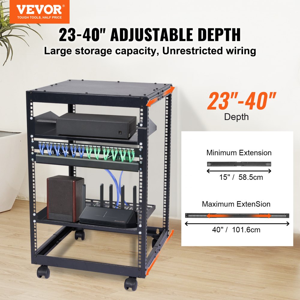 15U Open Frame Server Rack, 23``-40`` Adjustable Depth, Free Standing or Wall Mount Network Server Rack, 4 Post AV Rack with Casters, Holds All Your Networking IT Equipment AV Gear Router Modem