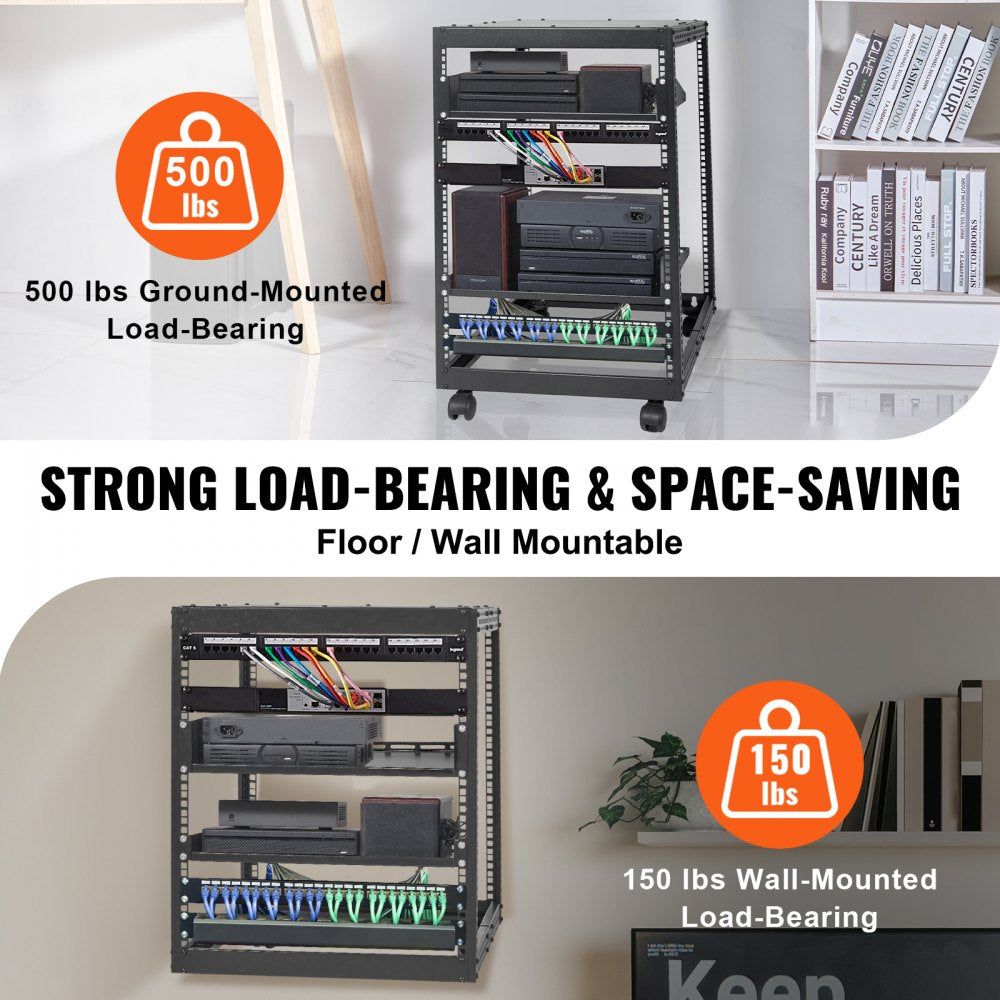 15U Open Frame Server Rack, 23``-40`` Adjustable Depth, Free Standing or Wall Mount Network Server Rack, 4 Post AV Rack with Casters, Holds All Your Networking IT Equipment AV Gear Router Modem