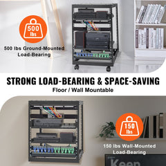 15U Open Frame Server Rack, 23``-40`` Adjustable Depth, Free Standing or Wall Mount Network Server Rack, 4 Post AV Rack with Casters, Holds All Your Networking IT Equipment AV Gear Router Modem