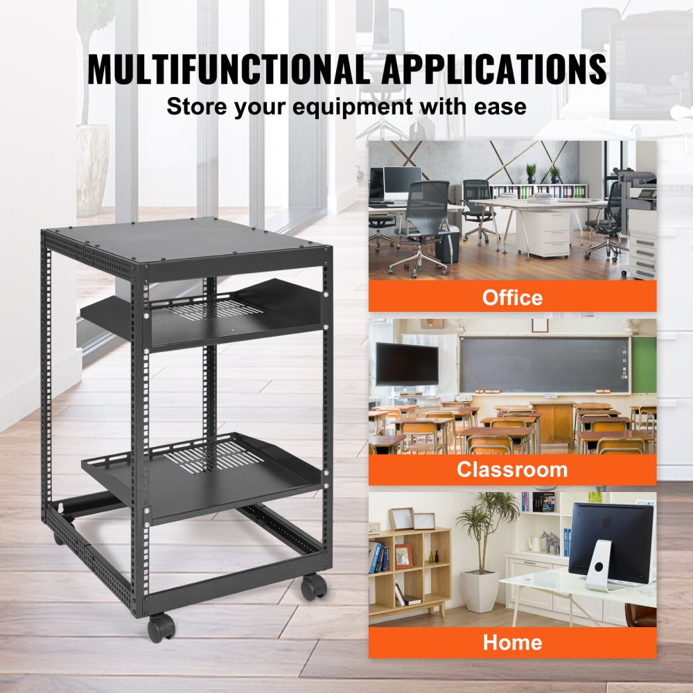 15U Open Frame Server Rack, 23``-40`` Adjustable Depth, Free Standing or Wall Mount Network Server Rack, 4 Post AV Rack with Casters, Holds All Your Networking IT Equipment AV Gear Router Modem