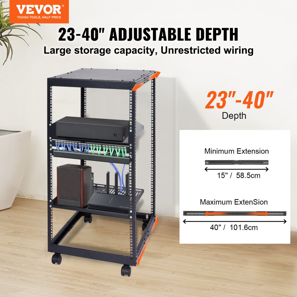 20U Open Frame Server Rack, 15``-40`` Adjustable Depth, Free Standing or Wall Mount Network Server Rack, 4 Post AV Rack with Casters, Holds All Your Networking IT Equipment AV Gear Router Modem