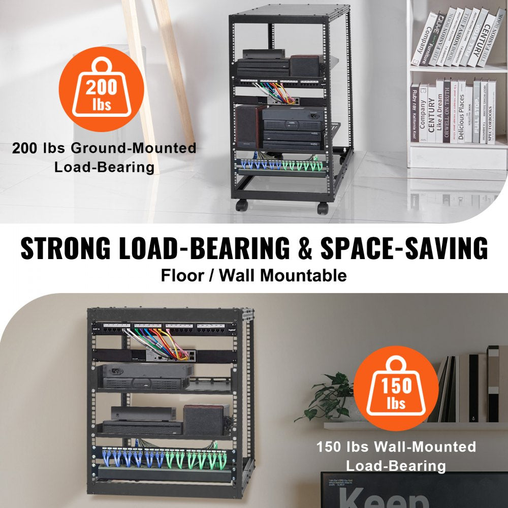 20U Open Frame Server Rack, 15``-40`` Adjustable Depth, Free Standing or Wall Mount Network Server Rack, 4 Post AV Rack with Casters, Holds All Your Networking IT Equipment AV Gear Router Modem