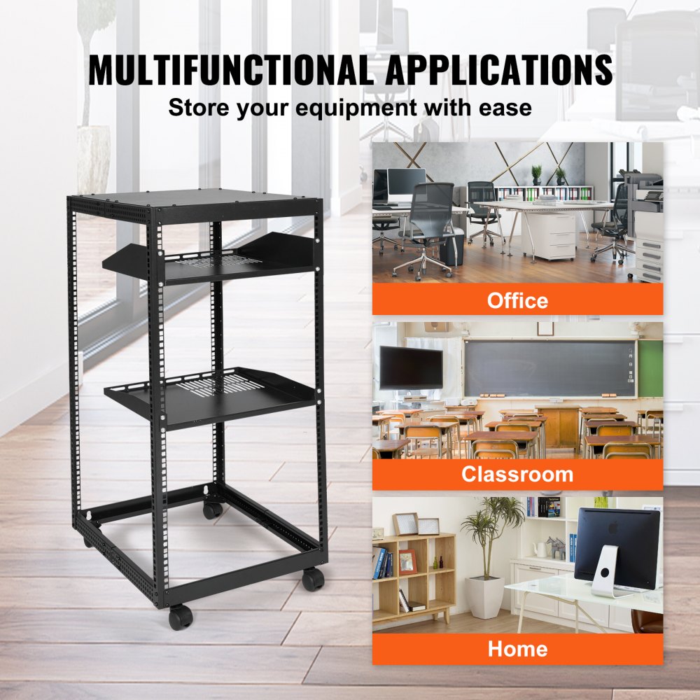 20U Open Frame Server Rack, 15``-40`` Adjustable Depth, Free Standing or Wall Mount Network Server Rack, 4 Post AV Rack with Casters, Holds All Your Networking IT Equipment AV Gear Router Modem